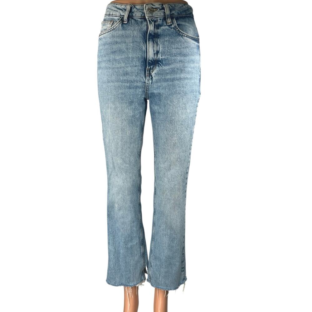 Zara Women's Blue High Waisted Frayed Flared Bootcut Cropped Denim Jeans Size 4